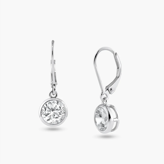 925 Rhodium Plated Round Clear CZ Dangling Hook Earrings