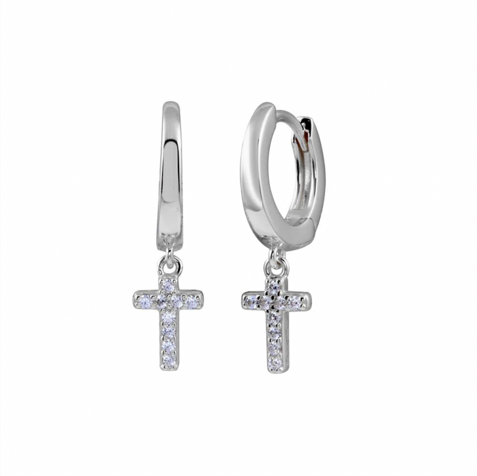 925 Rhodium - CZ Huggie Hoop Cross Earring