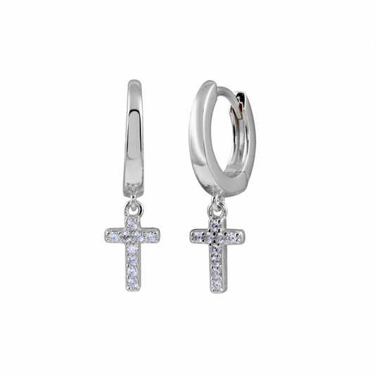 925 Rhodium - CZ Huggie Hoop Cross Earring