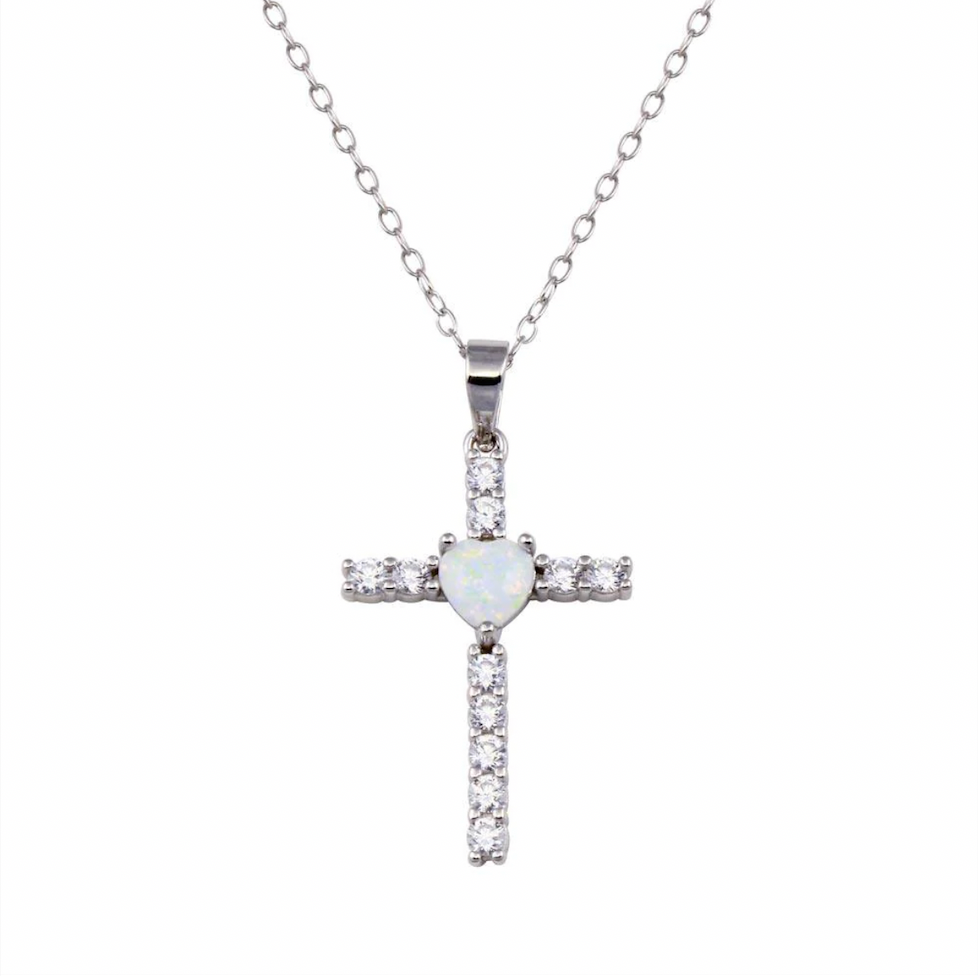 925 Rhodium - Cross Heart Opal Clear CZ Necklace