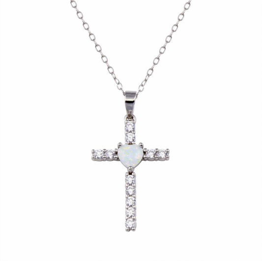 925 Rhodium - Cross Heart Opal Clear CZ Necklace
