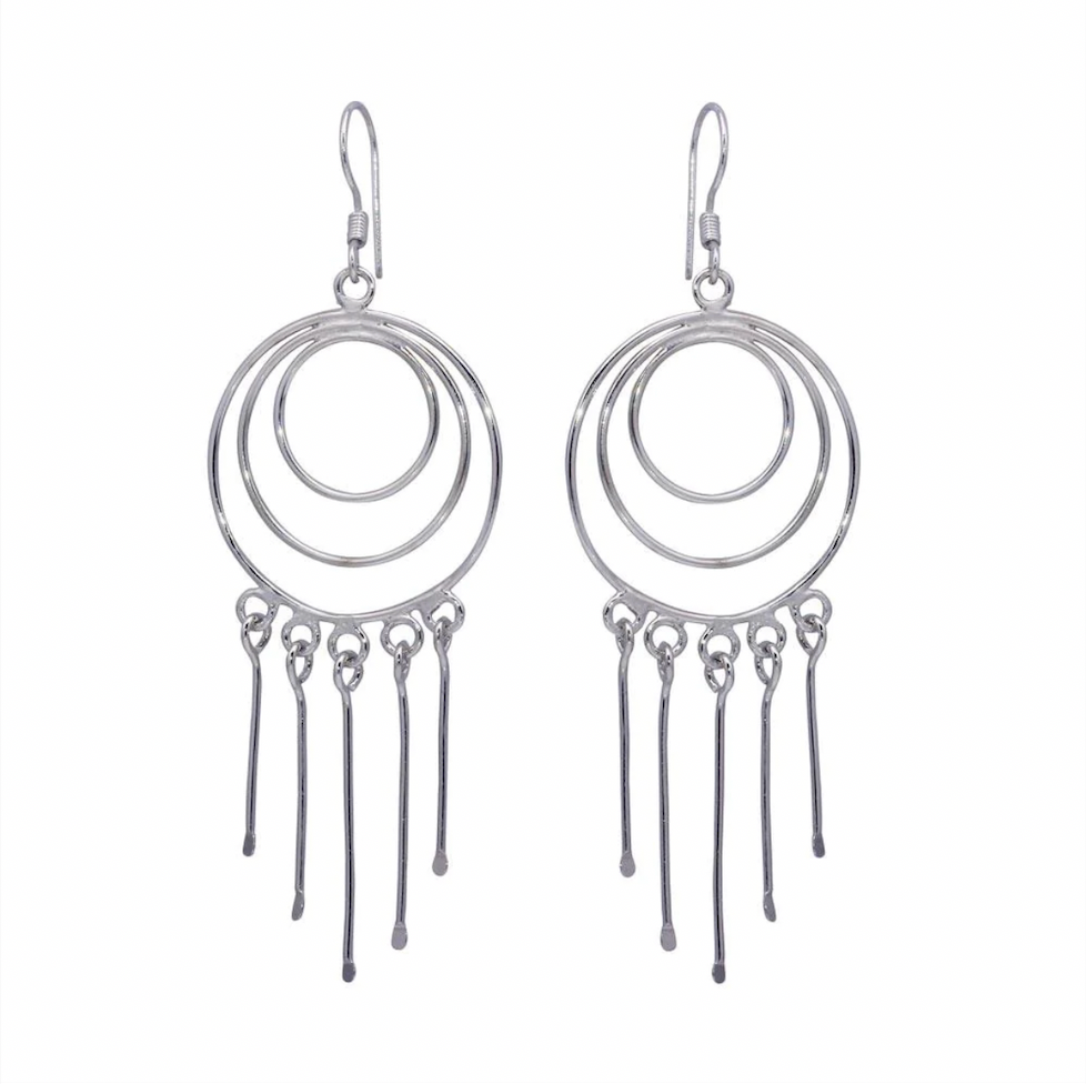 925 Rhodium Plated Multiple Graduated Open Circle Wire Dangling Hanging Teardrop Hook Earrings