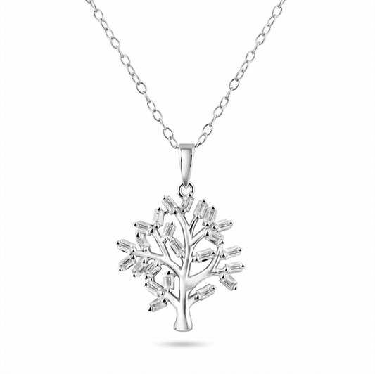 925 Rhodium Plated Tree of Life Clear CZ Baguette Pendant Necklace