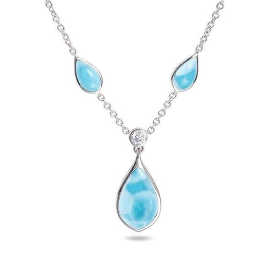 925 Three Tear Drop Larimar Necklace with White Topaz