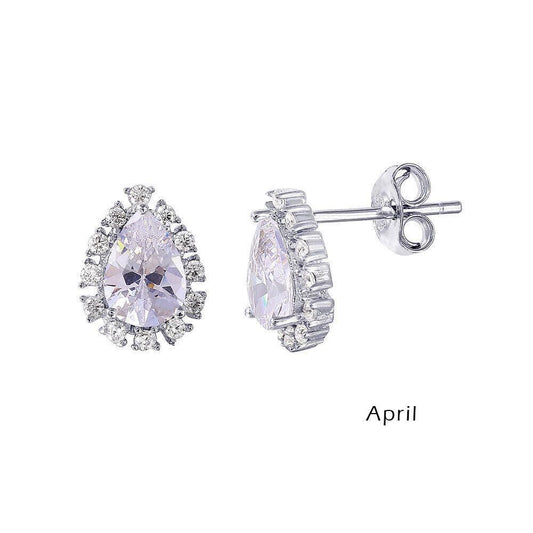 925 Rhodium Plated Teardrop Halo CZ Birthstone Earrings April