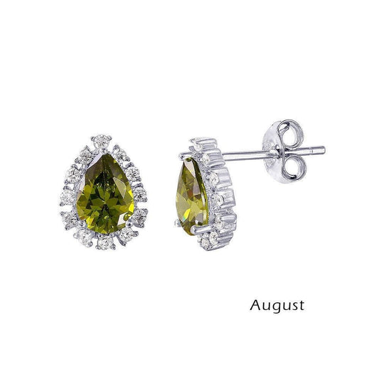 925 Rhodium Plated Teardrop Halo CZ Birthstone Earrings August