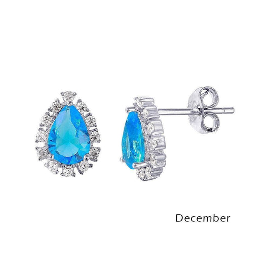 925 Rhodium Plated Teardrop Halo CZ Birthstone Earrings December