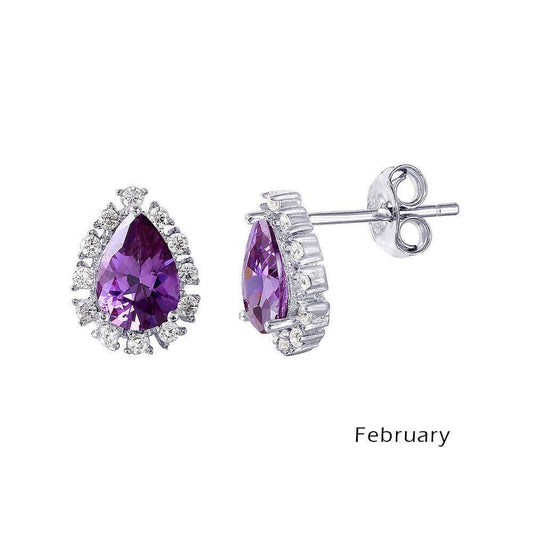 925 Rhodium Plated Teardrop Halo CZ Birthstone Earrings February