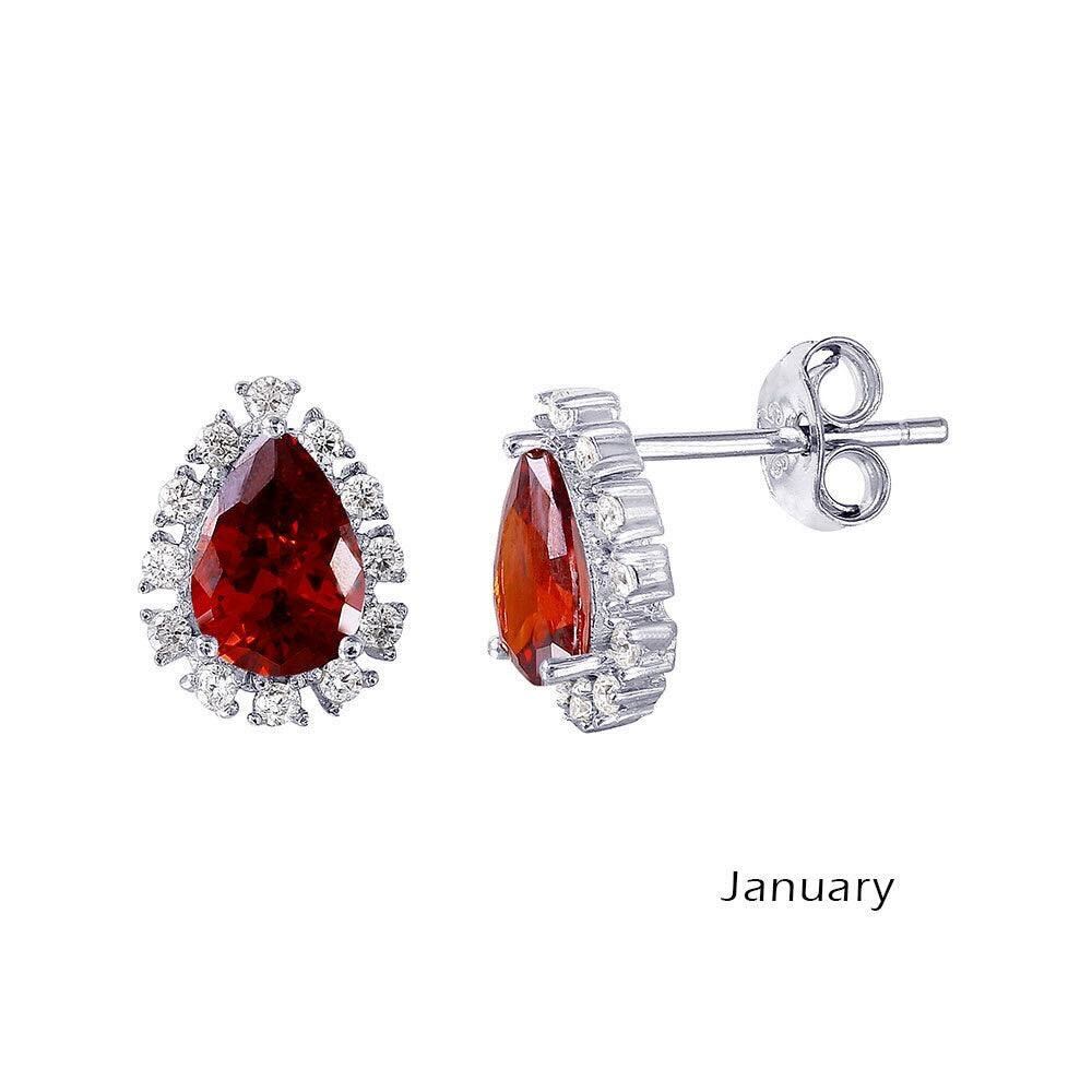 925 Rhodium Plated Teardrop Halo CZ Birthstone Earrings January