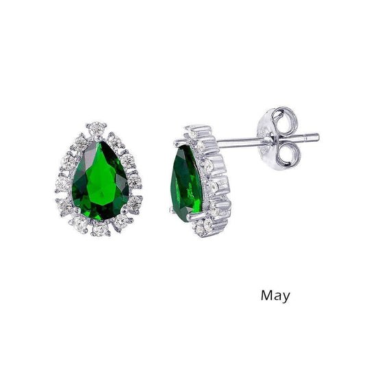 925 Rhodium Plated Teardrop Halo CZ Birthstone Earrings May