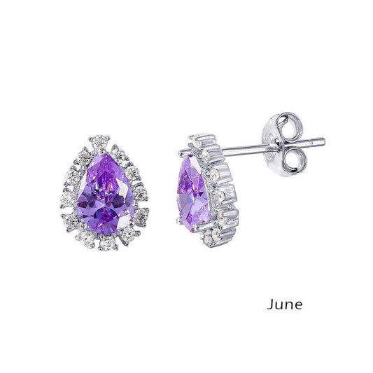 925 Rhodium Plated Teardrop Halo CZ Birthstone Earrings June