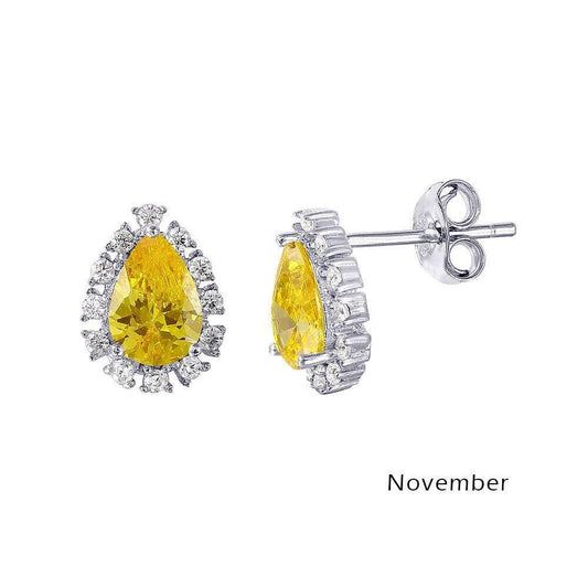 925 Rhodium Plated Teardrop Halo CZ Birthstone Earrings November