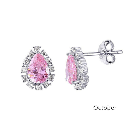 925 Rhodium Plated Teardrop Halo CZ Birthstone Earrings October