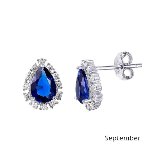 925 Rhodium Plated Teardrop Halo CZ Birthstone Earrings September