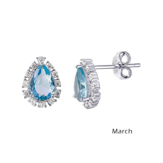 925 Rhodium Plated Teardrop Halo CZ Birthstone Earrings March