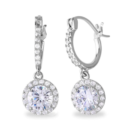 925 Rhodium Plated Dangling Micro Pave Round CZ Huggie Hoop Earring