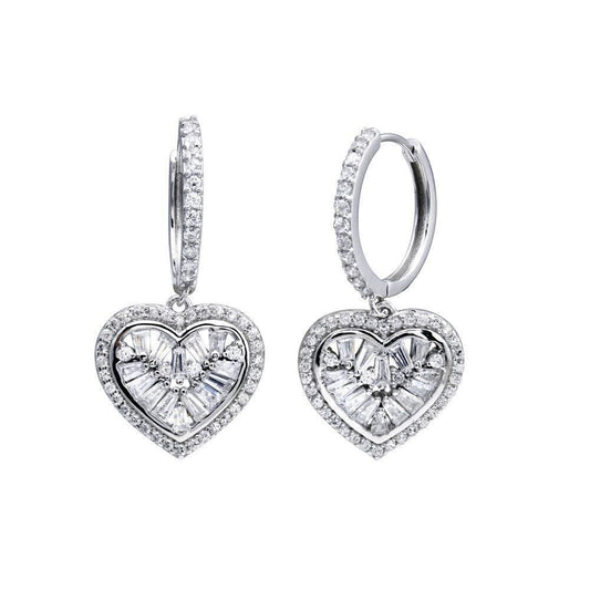 925 Rhodium - CZ Hoop Dangling Heart Earrings