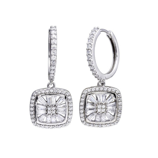 925 Rhodium - CZ Hoop Dangling Halo Square Earrings