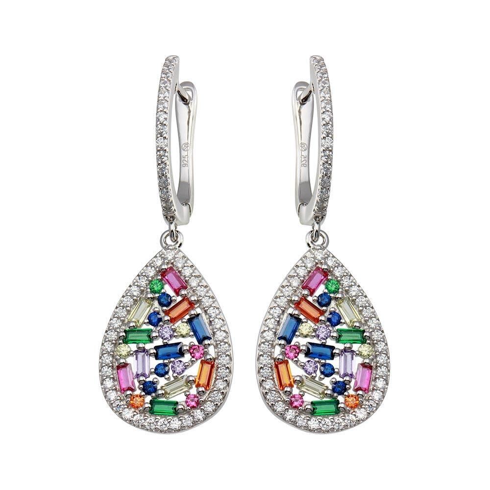 925 Rhodium Plated Multi Color Teardrop CZ Dangling Earrings