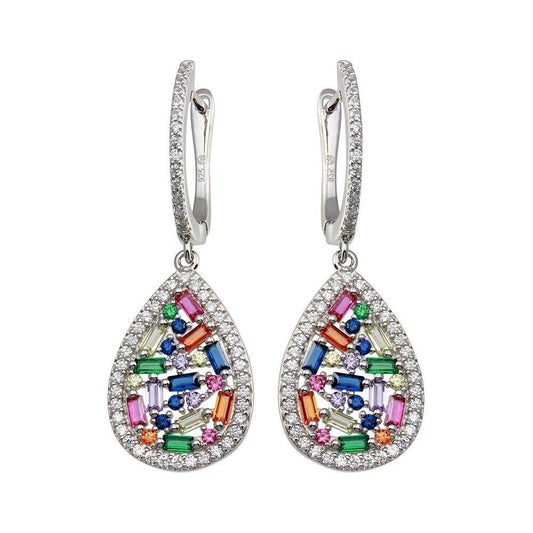 925 Rhodium Plated Multi Color Teardrop CZ Dangling Earrings