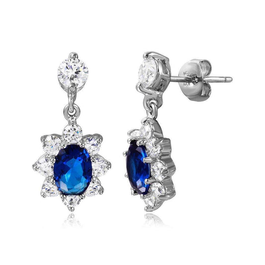 925 Rhodium Plated 2 Toned Clear And Blue CZ Hanging Earrings