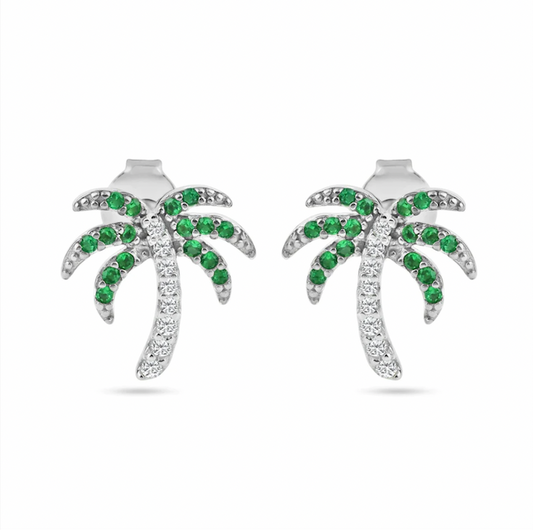 925 Rhodium Plated PalmTree Clear, Green and Black CZ Stud Earrings