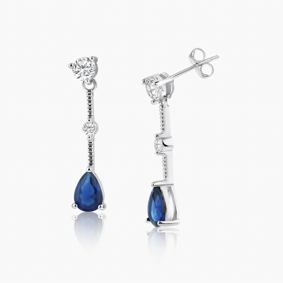 925 Rhodium-Blue Teardrop CZ Wire Dangling Stud Earrings | Simona Jewelry