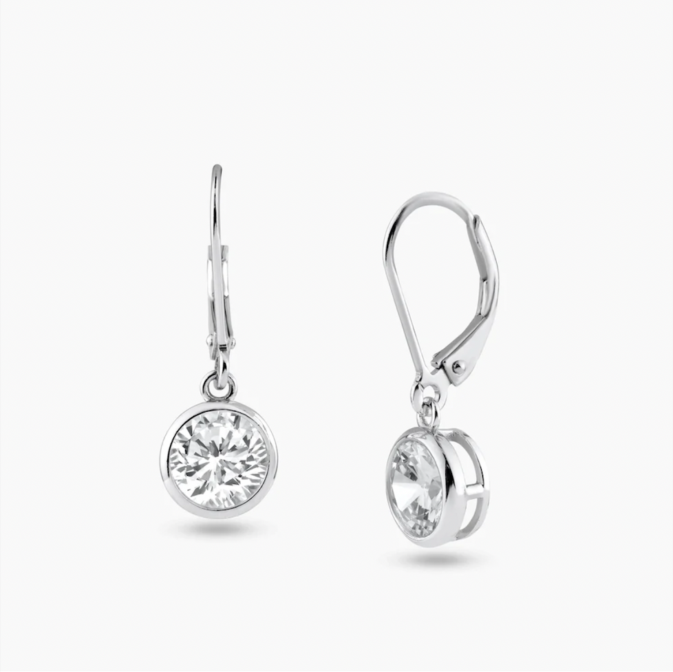 925 Rhodium Plated Round Clear CZ Dangling Hook Earrings