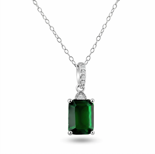 925 Rhodium Plated Green Rectangle CZ Pendant Necklace