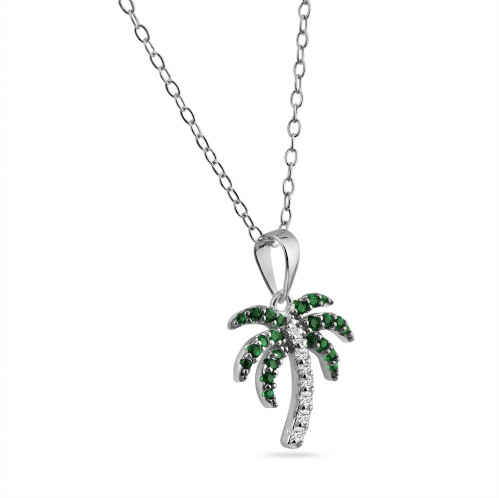 925 Rhodium Green and Clear Palm Tree Pendant | Simona Jewelry