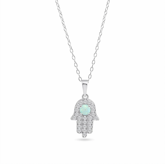 925 Rhodium Plated Hamsa Opal and Clear CZ Adjustable Necklace