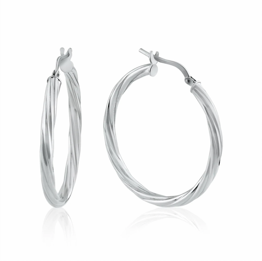 925 Rhodium Plated Silver Twisted 3mm Hoop Earrings