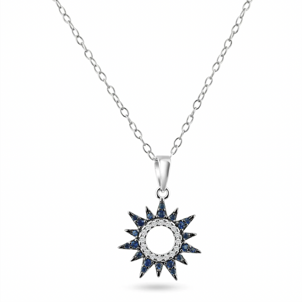 925 Rhodium Plated Sun Blue and Clear CZ Pendant Necklace