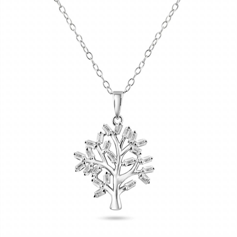 925 Rhodium Plated Tree of Life Clear CZ Baguette Pendant Necklace