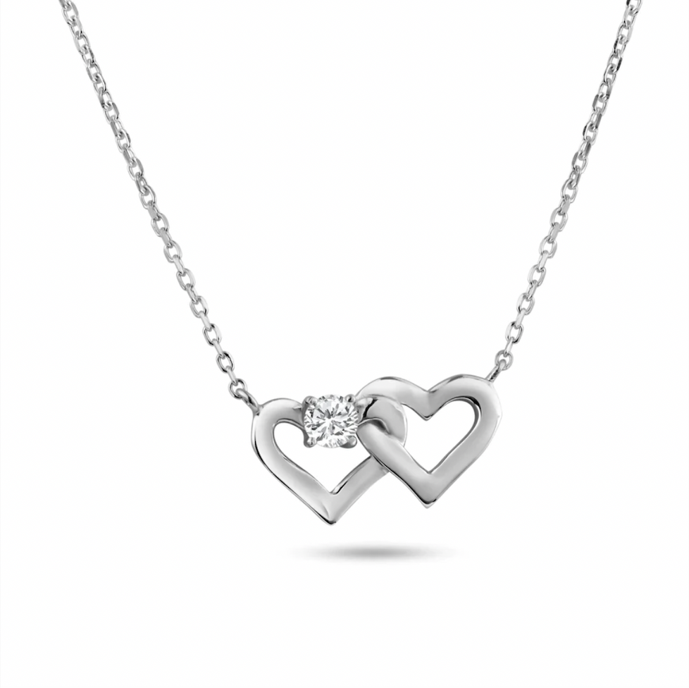 925 Rhodium Plated Twin Hearts Clear CZ Pendant Necklace