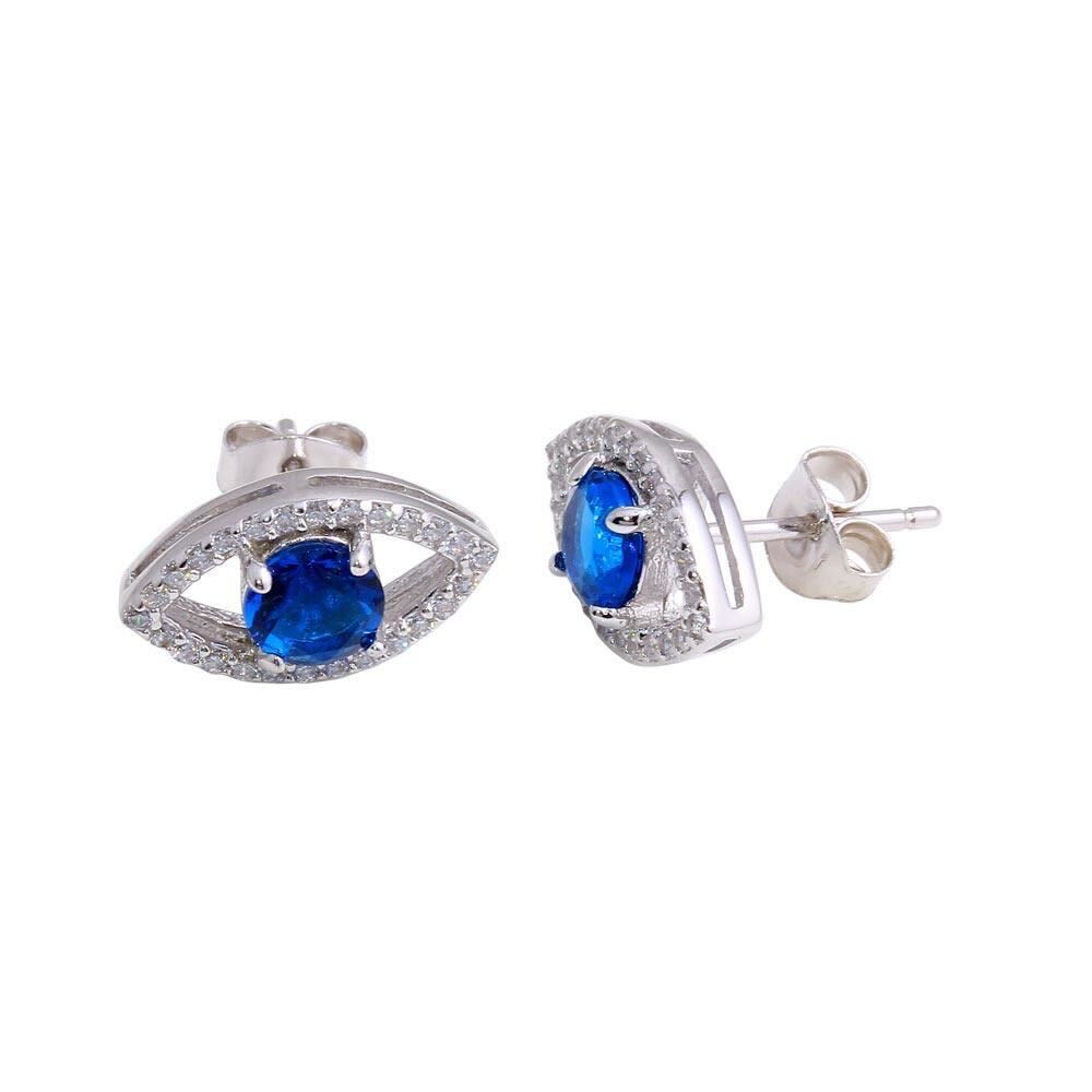 925 Rhodium Blue CZ Center Evil Eye Stud Earrings | Simona Jewelry