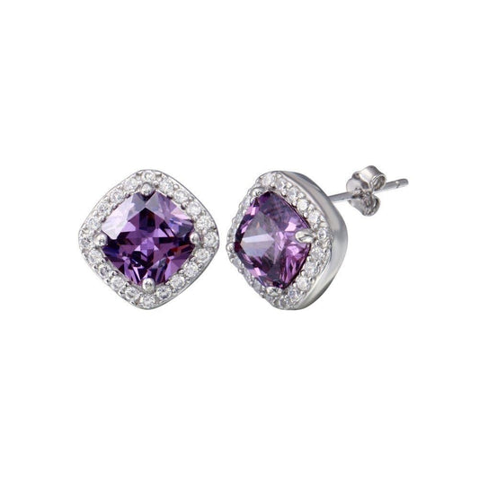 925 Rhodium Plated Square Amethyst Clear CZ Stud Earrings