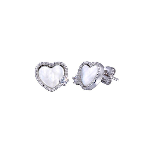 925 Rhodium Plated CZ Mother Pearl Heart Stud Earrings