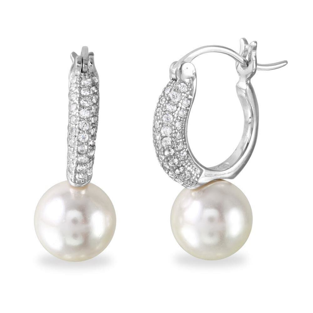925 Rhodium Plated Dropped Synthetic Pearl huggie hoop Earrings with CZ