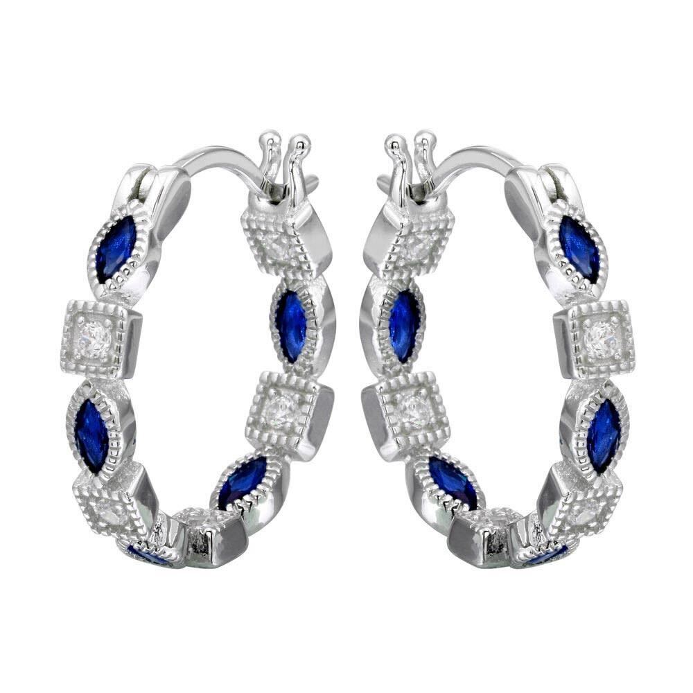 925 Rhodium Plated Inner and Outer Blue Clear CZ Hoop Earrings