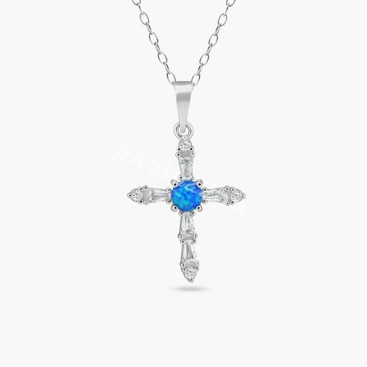 925 Rhodium-Blue SyntethicOpal Cross Necklace | Simona Jewelry