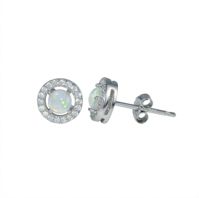 925 Rhodium Plated White Opal with CZ Earrings 7.5mm